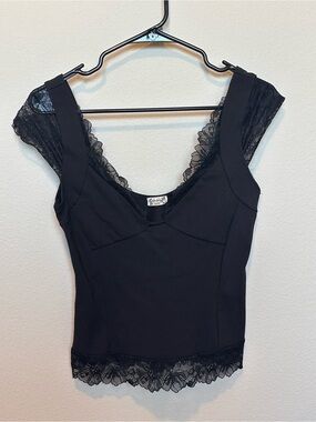 Free People Black Lace Trim Cap Sleeve Top